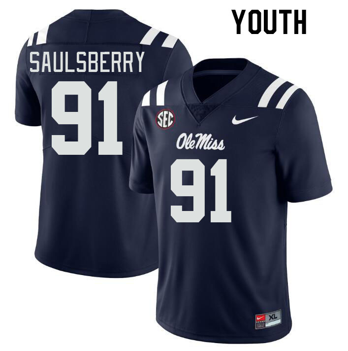 Youth #91 Myles Saulsberry Ole Miss Rebels College Football Jerseyes Stitched Sale-Navy - Click Image to Close